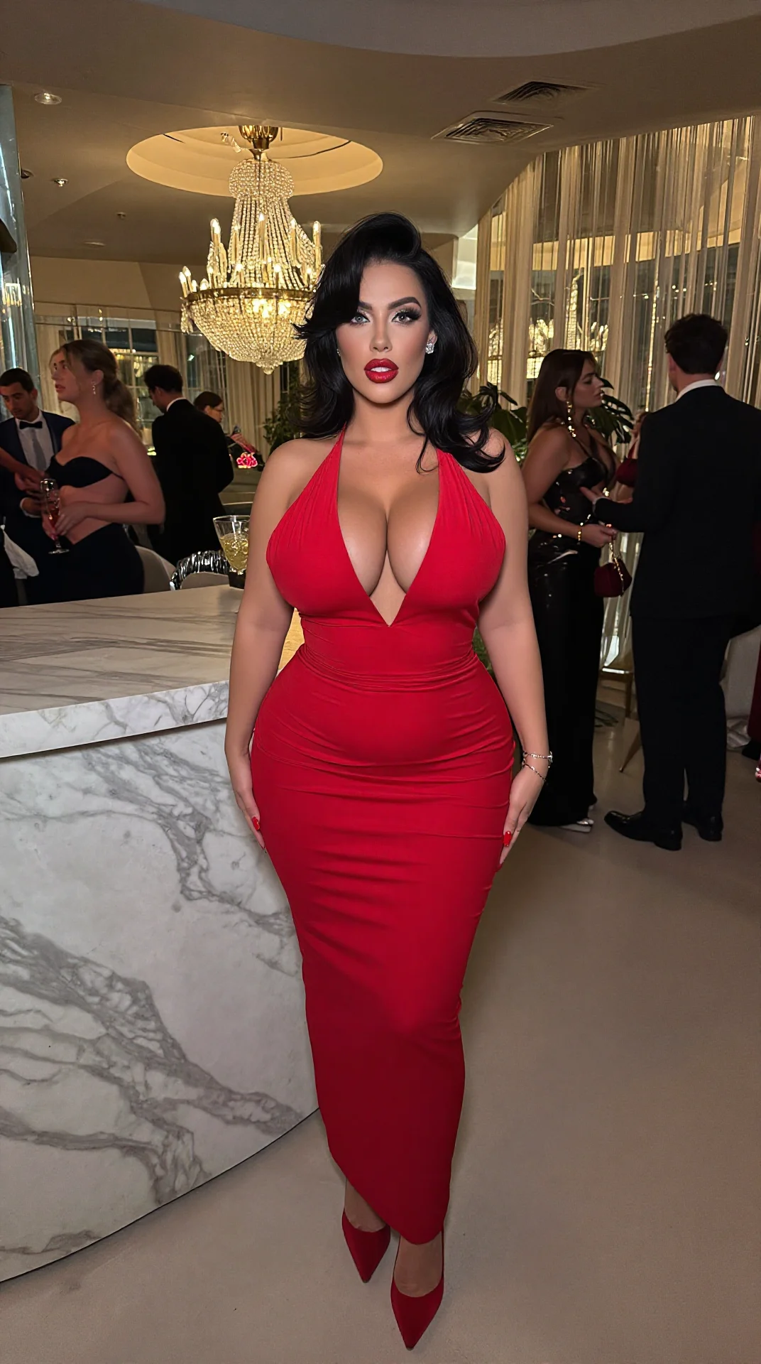 Curvy red dress cleavage