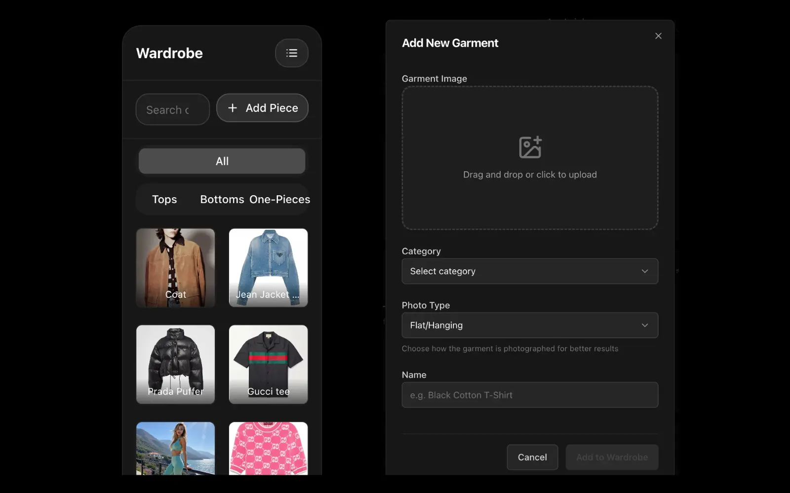 Wardrobe interface showing saved outfits